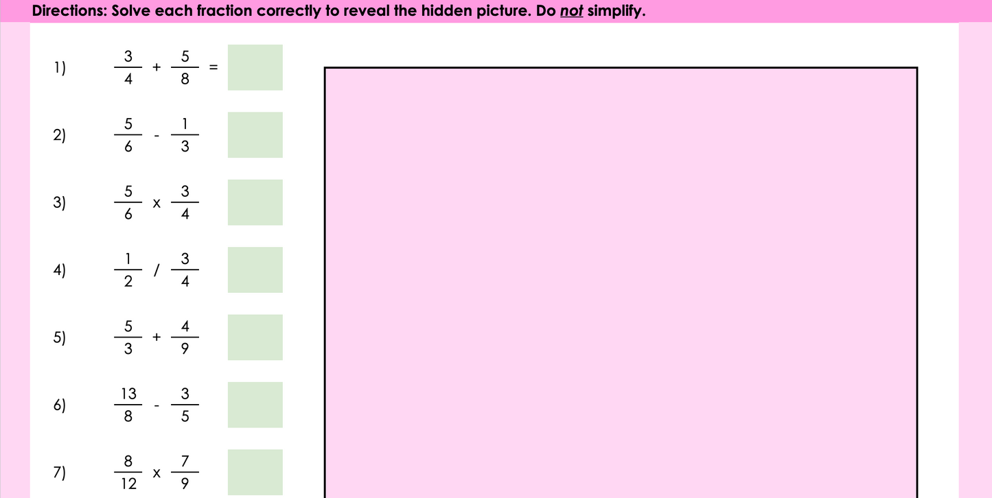 Four Operations Fractions (No Simplifying) Picture Reveal