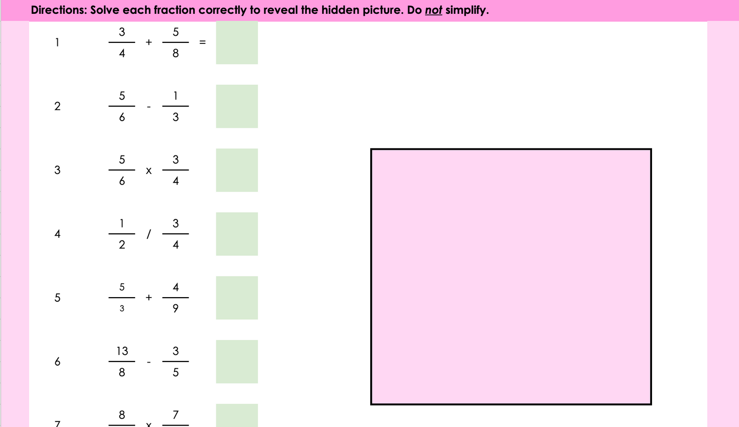 Four Operations Fractions (No Simplifying) Picture Reveal