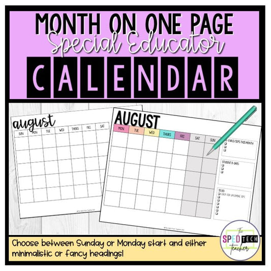 Special Education Month on One Page Calendar